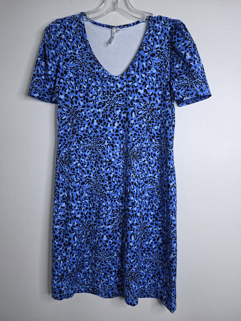 Lulu-B Blue Leopard Animal Print V-Neck Short Puff Sleeve Dress XS Vibrant